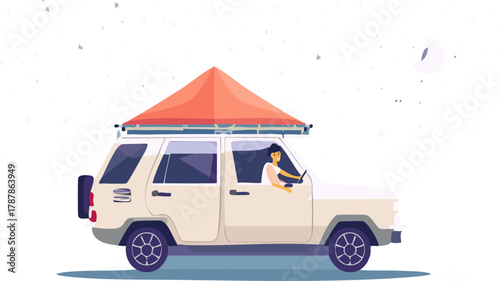 Illustration of a woman driving a white SUV with an orange rooftop tent, set against a minimalist white background with subtle celestial elements.