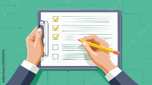 Hands marking a digital checklist on a tablet screen with a yellow pencil, indicating task completion.