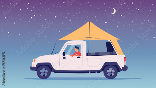 A person driving a white pickup truck under a yellow canopy at night under a starry sky.