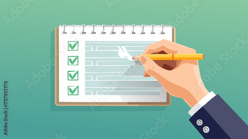 Hand holding a pen marks off items on a spiral-bound notepad with green checkmarks against a teal background.