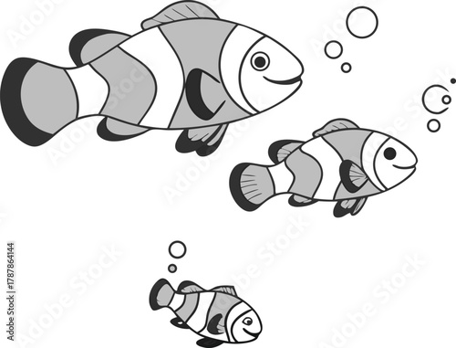 Charming school of clownfish gracefully swimming amidst playful bubbles, evoking joy and wonder in aquatic scenes.