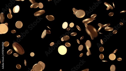 Cuadro en lienzo 3D-rendered scene of multiple golden coins freely falling and spinning in a dispersed, weightless arrangement