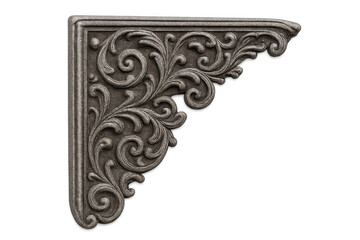 Ornate scrollwork corner bracket showcasing intricate carved filigree details, antique architectural embellishment on transparent background