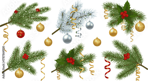 Isolated a Christmas tree branch Holiday decoration with golden glitter ball, holly berry and ribbons ornaments. For Chistmas and New Year cards, banners, headers, party posters. vector art .