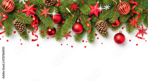 Festive christmas garland with red ornaments and pine cones isolated on white background, holiday decoration