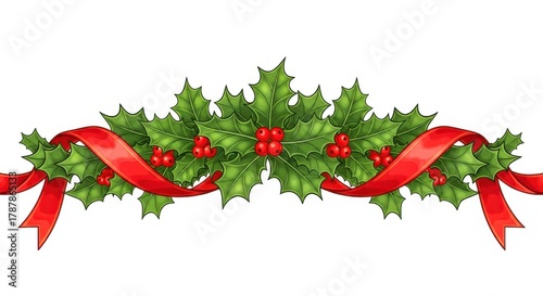 Christmas holly garland with red ribbon isolated on white background, festive holiday decoration