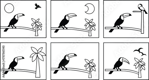 Charming toucan perched on branch with palm tree, presenting delightful tropical scenes in a six panel sequence