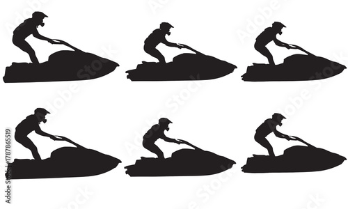 Six jet ski rider silhouettes in action silhouette