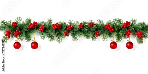 Christmas Holiday Garland Decor with Red Berries and Green Pine: Traditional Winter Decoration with Snowy Branches and Circular Ornaments for Festive Season Celebration
