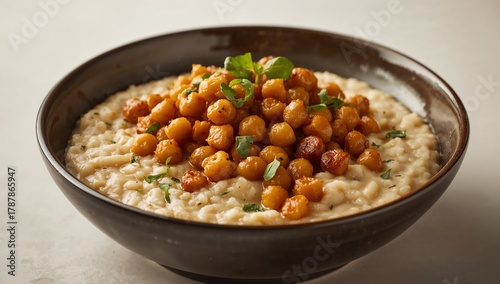 Fototapeta Naklejka Na Ścianę i Meble -  Culinary Arrangement. Textural Contrast and Warm Tones in a Rustic Bowl Presentation.