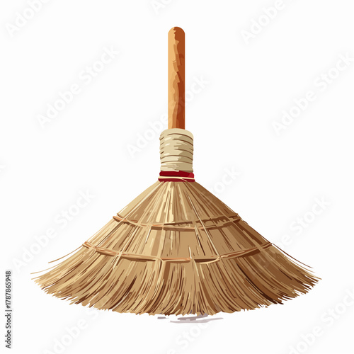 Wooden broom with straw bristles