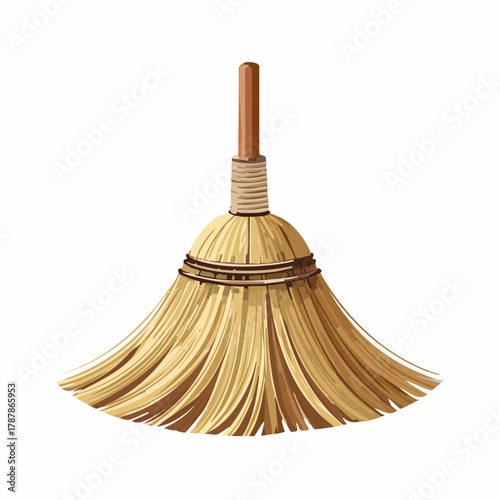 Wooden broom with straw bristles