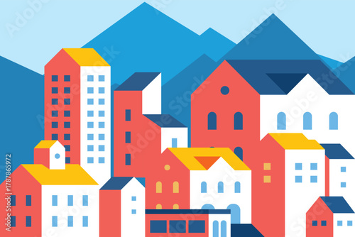 Flat illustration vector in bright blue and red colors. Geometric house background design	