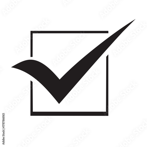 Black checkmark symbol inside a square box outline representing completion and verification