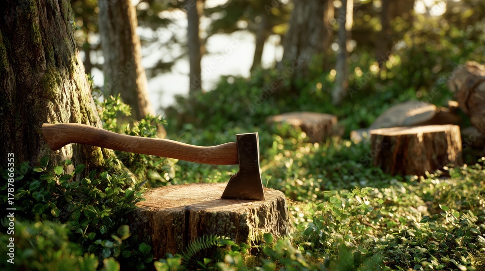 Naklejka premium Wood axe resting on a tree stump in a lush, sunlit clearing in the forest