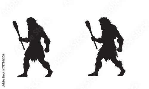 Two cavemen walking with clubs silhouette