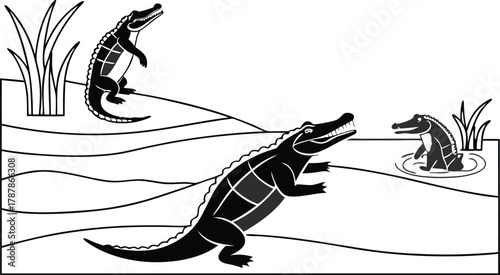 Dynamic alligators exploring swampy terrain with reeds, showcasing wildlife in its natural habitat with bold graphic style