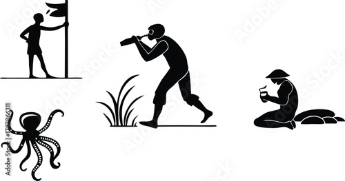 Diverse silhouettes represent exploration, discovery, and contemplation in simplified artistic style, perfect for conceptual themes.