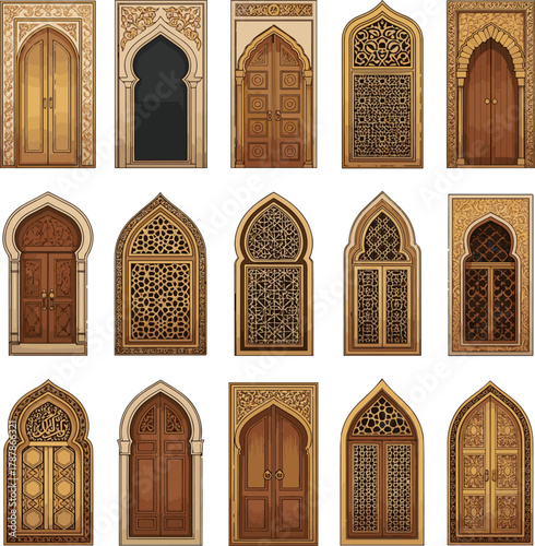 Isolated a kinds of deferent Islamic windows, mosque doors. Ramadan or Al-Adha golden decoration, holiday frames. Vertical format for cards or social media vector art with white background.