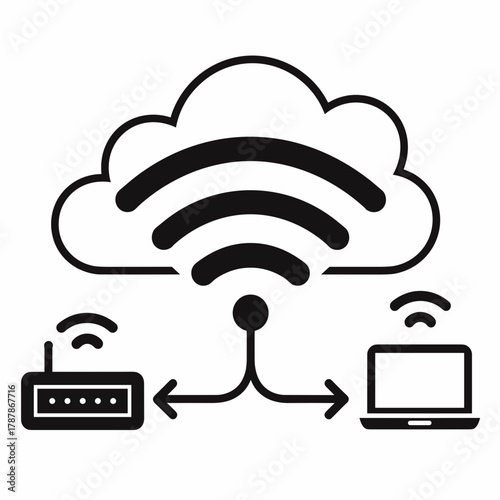 Black and white Wi-Fi signal from router to laptop – Perfect for wireless technology, online communication, or internet connection concepts.