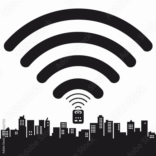 Wi-Fi signal radiating from antenna over city skyline – Great for technology branding, network coverage, or smart city visuals.