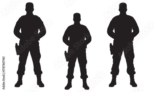 Three armed security guard silhouettes silhouette