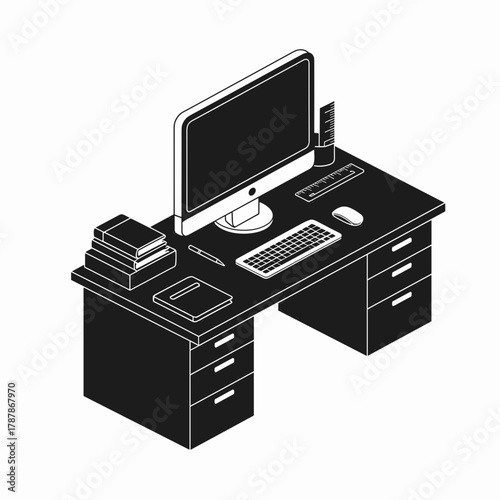 Minimal black and white office desk with computer – Great for productivity, workplace illustrations, or modern business concepts.