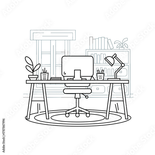 Black and white office workspace with lamp and bookshelf – Perfect for remote work visuals, study concepts, or professional home office designs.