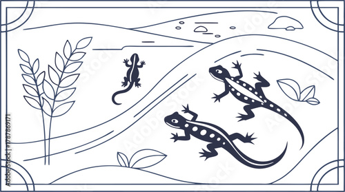 Dynamic lizards exploring a stylized natural landscape with flowing lines and organic shapes creating a modern artistic scene.