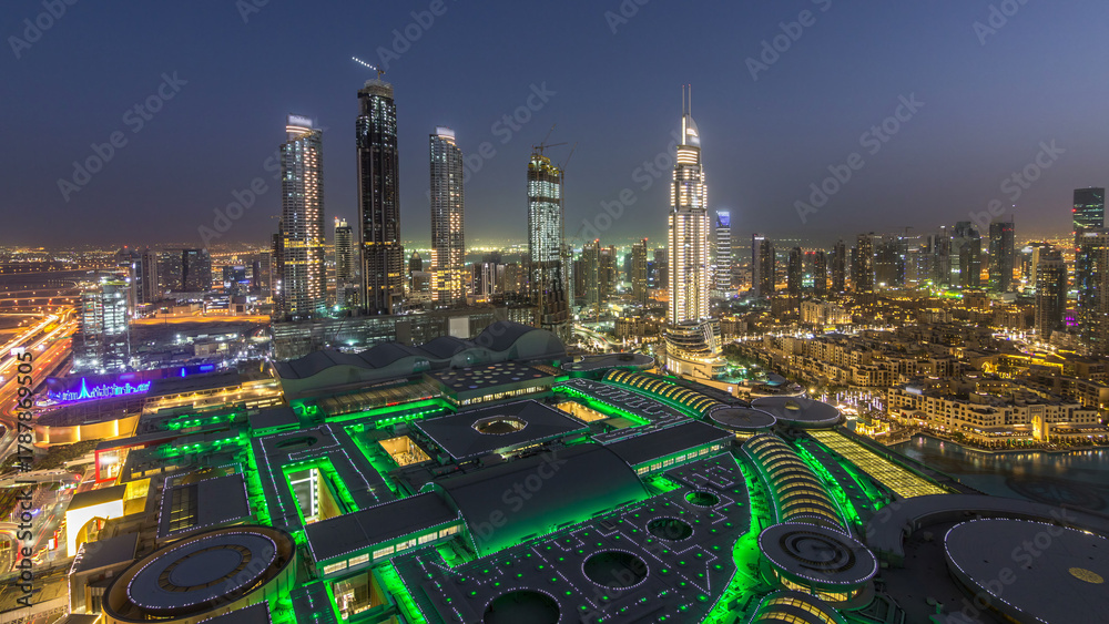 Fototapeta premium Dubai downtown day to night timelapse. Top view from above