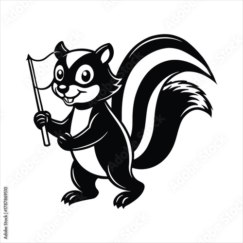 Cute skunk waving a flag with cheerful smile