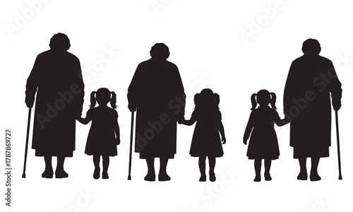 Family generations silhouette with walking sticks