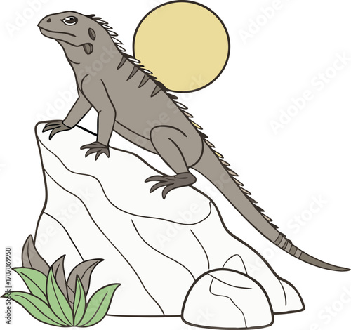 Majestic iguana basks on sunlit rock, surveying its domain with ancient wisdom, embodying resilience and wild spirit.