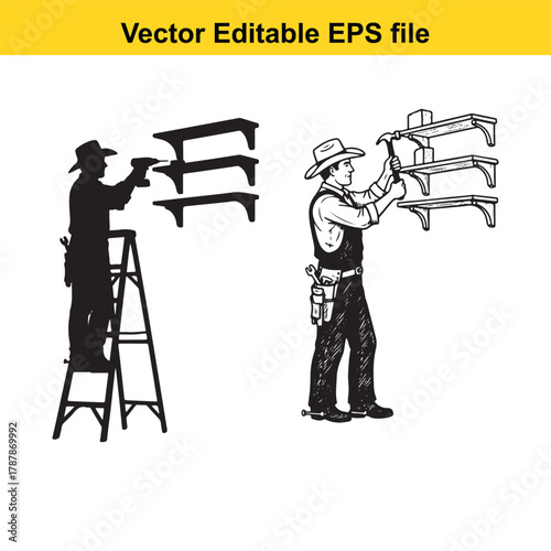 Cowboy carpenter hammering shelf into wall using hammer and ladder, vector illustration in black and white