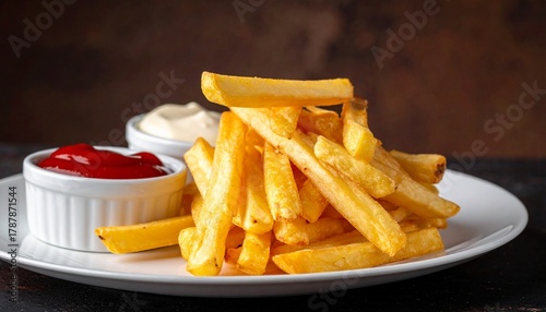 Golden crispy French fries served on white plate with ketchup and mayonnaise in ramekins, dark blurred background.
