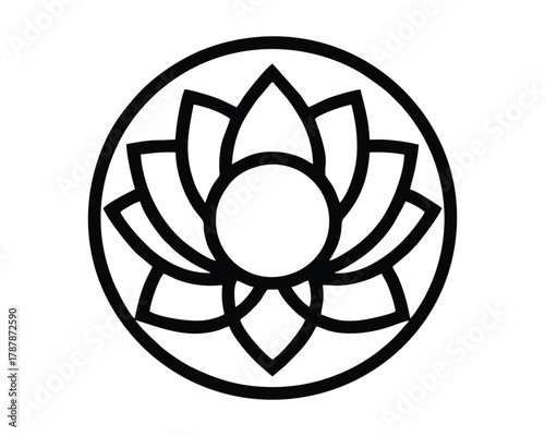 Minimalist Lotus Flower Icon in Circle: Zen, Yoga, and Spiritual Line Art Symbol