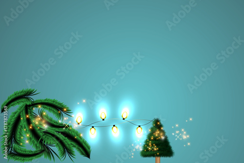 Happy new year Christmas tree lights on blue background with space for text. Vector illustration for banner, template flyer card, greeting card, copy space area eps 10