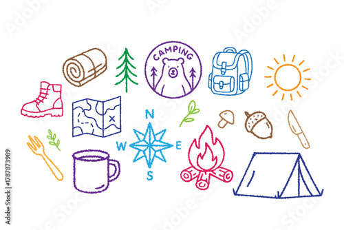 Camping doodle icon set, forest adventure hand drawn vector line art crayon style illustration, woodland hiking objects. kids outdoor activity adventure badge print