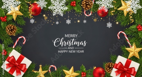 A festive christmas and new year background with ornaments and decorations on dark backdrop