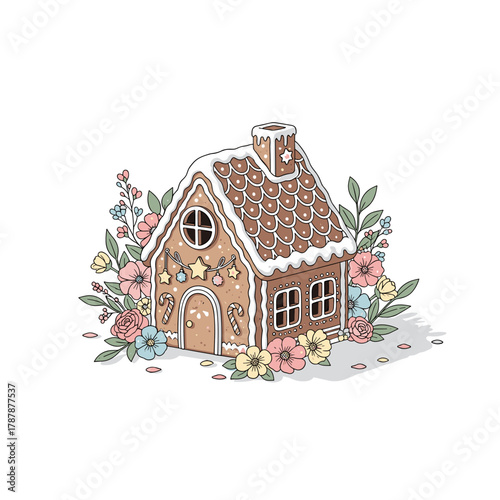 Gingerbread house decorated with flowers in whimsical style  