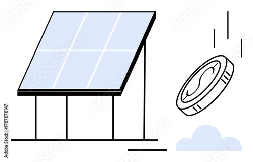 Solar panel absorbing sunlight beside a falling coin. Ideal for renewable energy, sustainability, investment, savings, green technology, solar power, eco-friendly initiatives. Simple flat metaphor