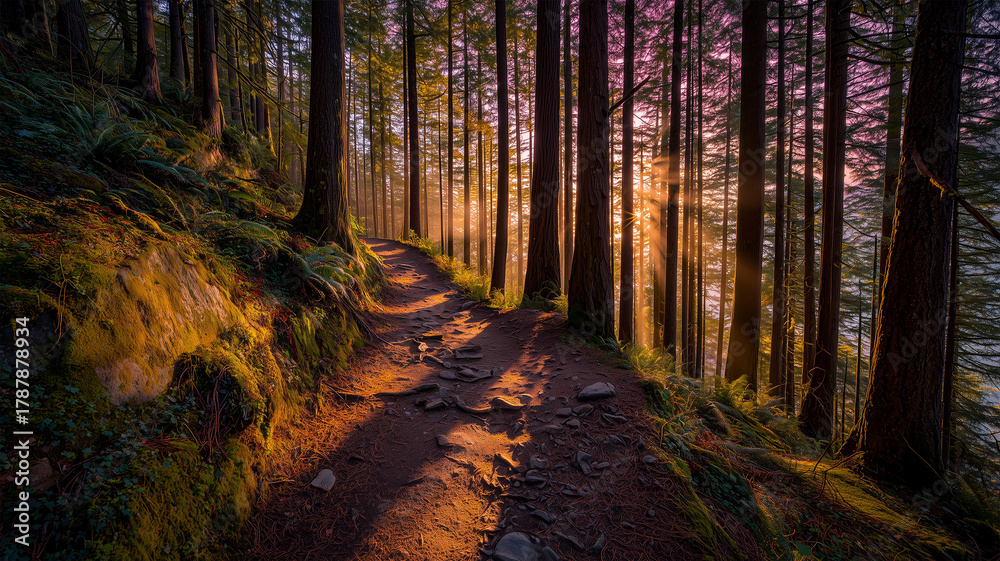 Obraz premium 夕焼けに照らされる森の小道が印象的に浮かぶ風景