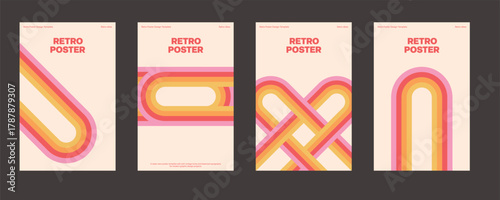 Vector retro poster templates with curved geometric lines in orange yellow and pink tones on beige background for vintage design and nostalgic wall art collection