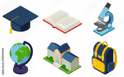 Isometric School Supplies Illustration for Education and Learning Concepts in Graphic Design and Digital Media Projects
