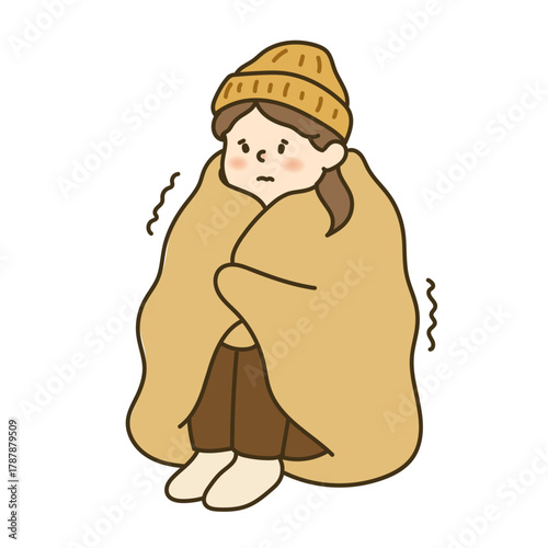 毛布にくるまって震える女性のイラスト