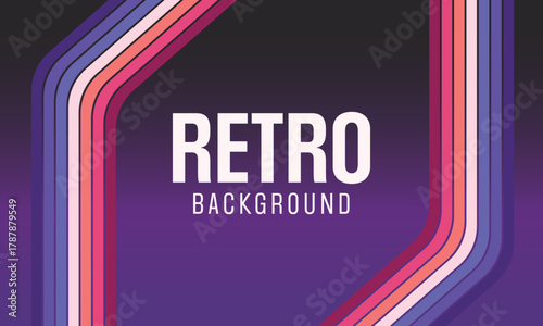 Retro vector background with curved colorful stripes in purple pink and orange tones forming frame on dark gradient backdrop for vintage design and poster template