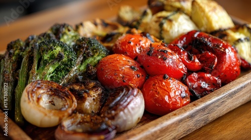 Fototapeta Naklejka Na Ścianę i Meble -  Fresh vegetable chunks accompany grilled red peppers spiced tomatoes and sautéed onions on a wooden board presenting a colorful and tasty dish