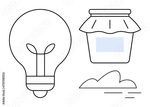 Light bulb symbolizing ideas, jam jar with a label, and a cloud outline. Ideal for innovation, creativity, storage, simplicity, sustainability food preservation minimalism. Simple flat metaphor