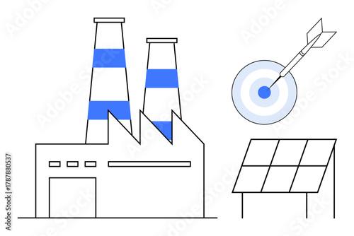 Factory with chimneys, solar panel, and target with dart symbolizing energy efficiency, sustainability, and renewable practices. Ideal for energy, environment, goals, industry innovation strategy