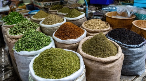 Fototapeta Naklejka Na Ścianę i Meble -  Fresh za atar herbs and spices at an open air market in Israel
